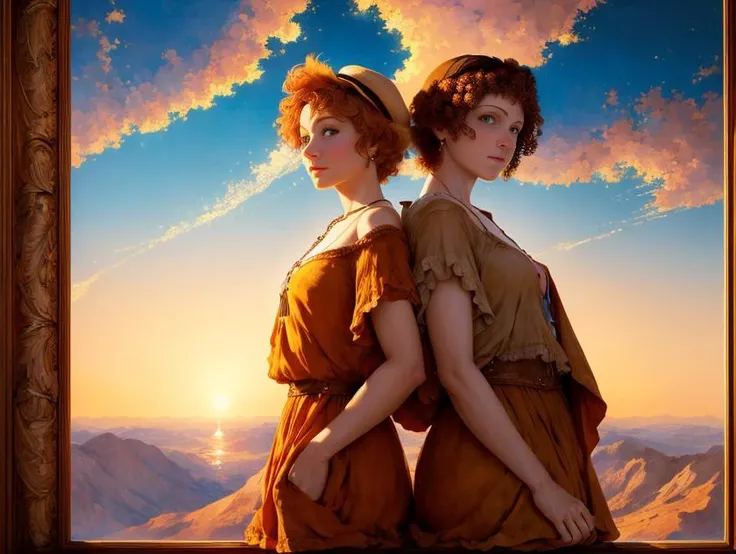 (absurdres, masterpiece, biggest quality) two woman talking, sunset, detailed, intrincate, MAXFIELDPARRISH, trending in artstation, breathtaking, the greatest painting ever