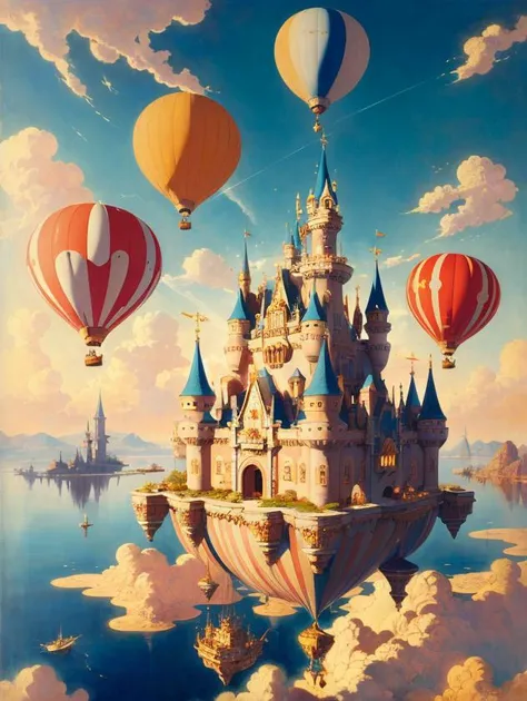 (absurdres, masterpiece, biggest quality) award winning painting of a floating castle in the air, epic composition, detailed, intrincate, MAXFIELDPARRISH, trending in artstation, breathtaking, the greatest painting ever