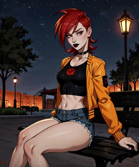 best quality, masterpiece, 1girl, mature girl, frankie foster <lora:frankie_foster:0.7>, short red hair, black masacra, black lips, choker, fishnet <lora:FishNet:0.4>, jacket, shorts, midriff, sitting on park bench, night time, park background, street lamp, <lora:GoodHands-vanilla:1>, seductive look at camera