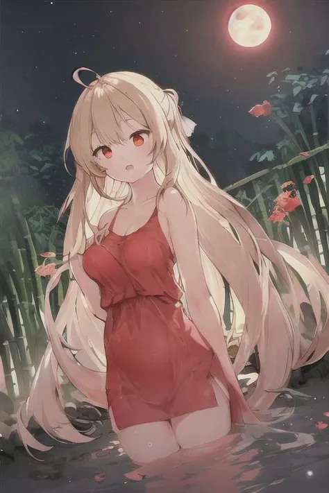 best_quality, masterpiece,
long_hair, blonde_hair, 1girl, red_dress, red_eyes, moon, very_long_hair, dress, petals, full_moon, floating_hair, night, onsen, open_mouth, shiny, bangs, shiny_hair, dutch_angle, ahoge, outdoors, looking_at_viewer, standing, sky, wading, bamboo, short_dress, collarbone, solo, heart, water, large_breasts
