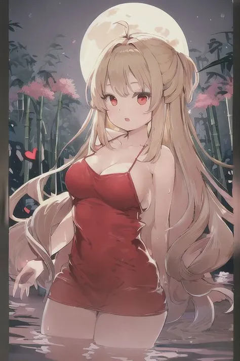 best_quality, masterpiece,
long_hair, blonde_hair, 1girl, red_dress, red_eyes, moon, very_long_hair, dress, petals, full_moon, floating_hair, night, onsen, open_mouth, shiny, bangs, shiny_hair, dutch_angle, ahoge, outdoors, looking_at_viewer, standing, sky, wading, bamboo, short_dress, collarbone, solo, heart, water, large_breasts
