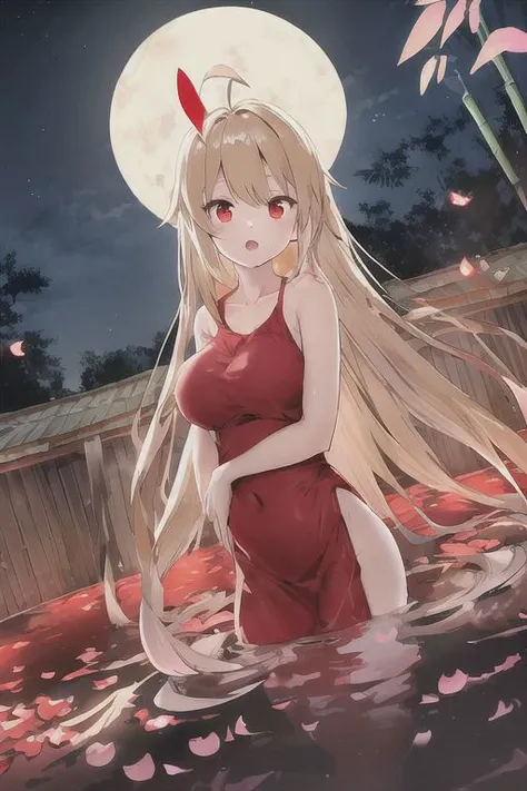 best_quality, masterpiece,
long_hair, blonde_hair, 1girl, red_dress, red_eyes, moon, very_long_hair, dress, petals, full_moon, floating_hair, night, onsen, open_mouth, shiny, bangs, shiny_hair, dutch_angle, ahoge, outdoors, looking_at_viewer, standing, sky, wading, bamboo, short_dress, collarbone, solo, heart, water, large_breasts