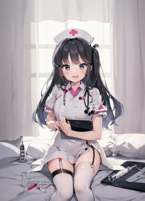 best_quality, masterpiece,
1girl, solo, hat, nurse, nurse_cap, thighhighs, long_hair, black_hair, garter_straps, syringe, stethoscope, hospital_bed, open_mouth, smile, white_thighhighs, looking_at_viewer, clipboard, bangs, black_eyes, short_sleeves, curtains, dress, blush, bed, holding_syringe, hair_ornament, blunt_bangs, :d, white_dress, white_headwear