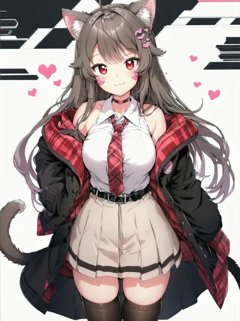 best_quality, masterpiece,
1girl, animal_ears, solo, tail, cat_ears, thighhighs, skirt, cat_girl, cat_tail, long_hair, ahoge, looking_at_viewer, :3, shirt, necktie, simple_background, black_thighhighs, animal_ear_fluff, tail_ornament, choker, white_background, bow, pleated_skirt, open_clothes, heart_ahoge, white_shirt, smile, blush, jacket, pink_eyes, black_hair, virtual_youtuber, off_shoulder, long_sleeves, double_w, heart, zettai_ryouiki, black_choker, collared_shirt, bangs, w, sleeveless, tail_bow, red_eyes, v, black_jacket, hair_ornament, closed_mouth, cardigan, open_jacket, cowboy_shot, brown_hair, tattoo, facial_mark, belt, black_necktie, breasts