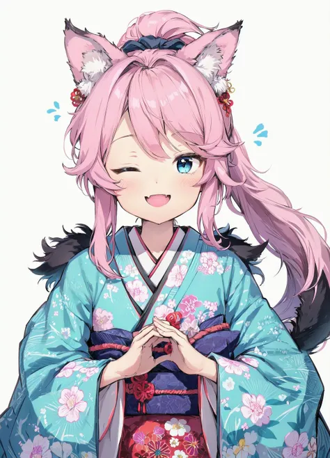 best_quality, masterpiece,
1girl, virtual_youtuber, hakui_koyori, animal_ears, one_eye_closed, japanese_clothes, kimono, pink_hair, solo, smile, hair_ornament, looking_at_viewer, wolf_ears, long_hair, upper_body, fang, blush, blue_eyes, bangs, ;d, white_background, long_sleeves, animal_ear_fluff, hair_flower, simple_background, flower, print_kimono, ponytail, braid, fur_collar, wide_sleeves, frills, floral_print, frilled_sleeves, holding_animal, animal, open_mouth