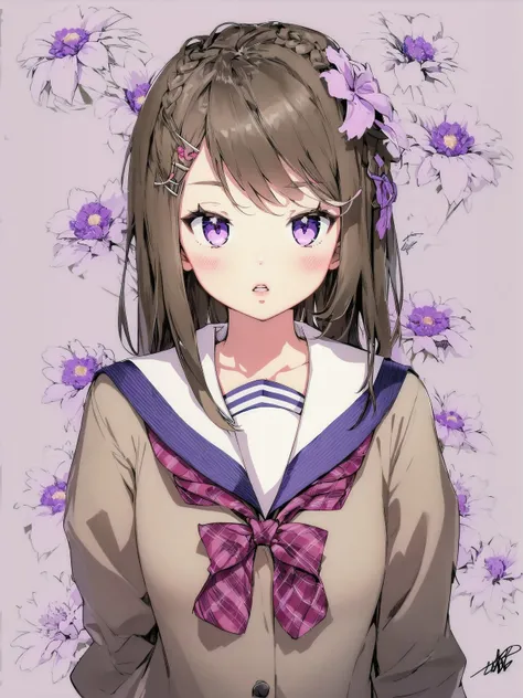 best_quality, masterpiece,
1girl, braid, solo, hair_ornament, long_hair, brown_hair, hair_flower, upper_body, bow, flower, blush, looking_at_viewer, purple_eyes, twin_braids, parted_lips, school_uniform, purple_bow, bowtie, brown_shirt, long_sleeves, shirt, plaid, white_sailor_collar, sailor_collar, serafuku, bangs, signature, purple_bowtie, holding_hair, floral_background, hairclip, hair_ribbon