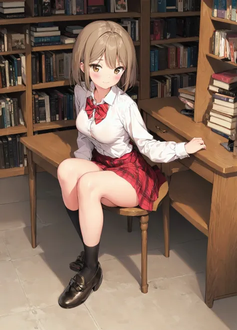 best_quality, masterpiece,
1girl, solo, skirt, shirt, socks, looking_at_viewer, white_shirt, uwabaki, school_uniform, red_bow, bow, indoors, black_socks, blush, shoes, collared_shirt, long_sleeves, bowtie, red_bowtie, plaid_skirt, short_hair, breasts, kneehighs, bangs, plaid, brown_hair, desk, book, bookshelf, thighs, brown_eyes, white_footwear, closed_mouth, arm_support, medium_breasts