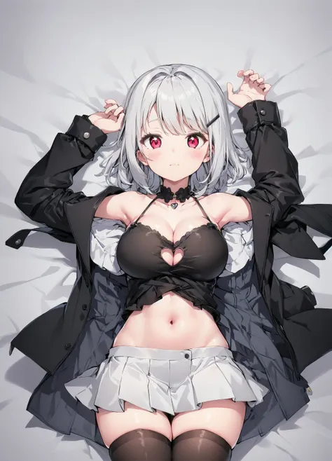 best_quality, masterpiece,
1girl, solo, black_shirt, skirt, sleeveless, sleeveless_shirt, armpits, breasts, thighhighs, red_eyes, open_clothes, pleated_skirt, short_hair, shirt, looking_at_viewer, open_jacket, arms_up, jacket, miniskirt, hair_ornament, on_back, hairclip, black_thighhighs, bare_shoulders, see-through, lying, long_sleeves, thighs, covered_navel, grey_skirt, clothing_cutout, medium_breasts, large_breasts, collarbone, zettai_ryouiki, closed_mouth, heart_cutout, white_hair, cleavage, white_skirt, off_shoulder, feet_out_of_frame