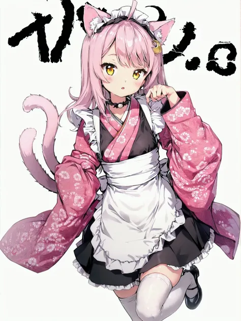 best_quality, masterpiece,
1girl, solo, animal_ears, tail, pink_hair, thighhighs, cat_tail, cat_ears, bell, frills, white_background, maid_headdress, apron, cat_girl, long_hair, looking_at_viewer, white_thighhighs, blush, jingle_bell, kimono, japanese_clothes, simple_background, frilled_apron, black_footwear, crescent, white_apron, long_sleeves, tail_ornament, ahoge, virtual_youtuber, pink_kimono, red_kimono, bangs, neck_bell, hair_ornament, yellow_eyes, shoes, detached_sleeves, waist_apron, hand_up, wa_maid, parted_lips, wide_sleeves, paw_pose, floral_print, frilled_sleeves, crescent_hair_ornament, brown_eyes, frilled_skirt, choker, collar, skirt, animal_ear_fluff