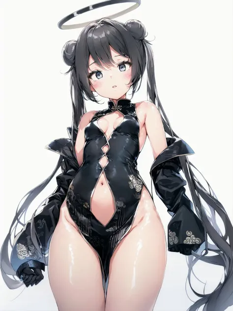 best_quality, masterpiece,
1girl, solo, breasts, dress, double_bun, long_hair, covered_navel, hair_bun, gloves, china_dress, looking_at_viewer, black_hair, off_shoulder, twintails, bare_shoulders, black_gloves, chinese_clothes, thighs, pelvic_curtain, black_dress, striped, very_long_hair, simple_background, blush, no_panties, white_background, sleeveless, sleeveless_dress, cowboy_shot, small_breasts, from_below, blue_eyes, medium_breasts, jacket, halo, long_sleeves, bangs, pinstripe_pattern, vertical_stripes, black_jacket, sideboob, grey_eyes, open_clothes, closed_mouth, parted_lips, side_slit