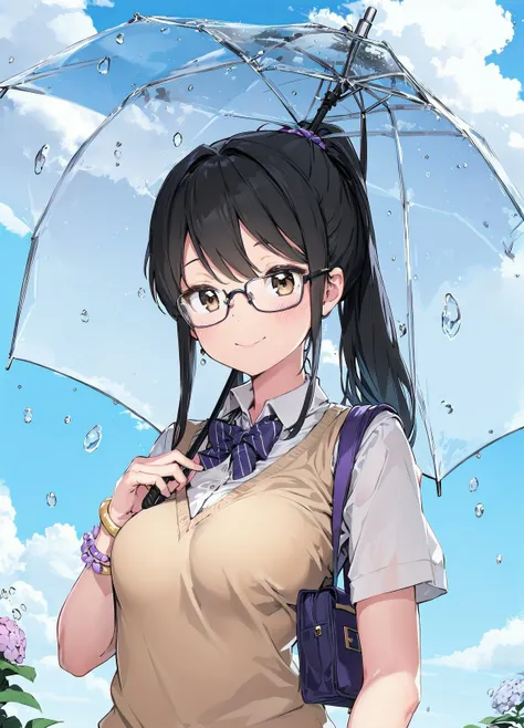 best_quality, masterpiece,
1girl, hydrangea, solo, rain, glasses, flower, umbrella, striped_bow, striped_bowtie, ponytail, outdoors, bowtie, bow, transparent_umbrella, shirt, bag, black_hair, school_uniform, sweater_vest, transparent, holding_umbrella, brown_eyes, long_hair, white_shirt, collared_shirt, sidelocks, black-framed_eyewear, bangs, cloud, school_bag, cloudy_sky, upper_body, sky, smile, closed_mouth, blurry, breasts, purple_flower, day, bracelet, diagonal-striped_bow