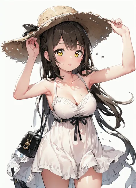 best_quality, masterpiece,
1girl, solo, dress, white_background, long_hair, simple_background, hat, brown_hair, looking_at_viewer, white_dress, yellow_eyes, breasts, bag, sleeveless, parted_lips, bangs, collarbone, arm_up, sleeveless_dress, cowboy_shot, sundress, handbag, medium_breasts, ribbon, cleavage, bare_shoulders, bare_arms, armpits, straw_hat, sun_hat, black_ribbon