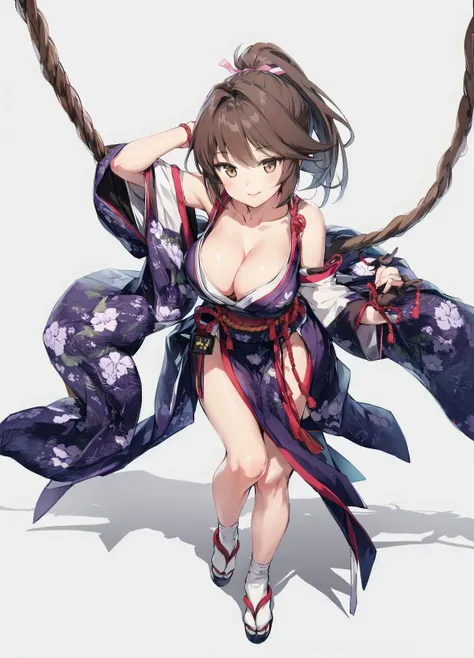 best_quality, masterpiece,
1girl, solo, breasts, shiranui_mai, brown_hair, large_breasts, brown_eyes, looking_at_viewer, ponytail, cleavage, ninja, smile, pelvic_curtain, long_hair, japanese_clothes, revealing_clothes, white_background, simple_background, collarbone, full_body, thighs, bangs, closed_mouth, arm_up, bare_shoulders, shadow, rope, gloves, sleeveless, high_ponytail, from_above, lips