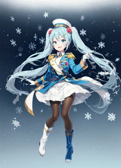 best_quality, masterpiece,
1girl, hatsune_miku, yuki_miku, instrument, white_footwear, solo, long_hair, twintails, epaulettes, snowflakes, skirt, white_gloves, gloves, boots, hat, flower, hair_ornament, very_long_hair, looking_at_viewer, pantyhose, jacket, hand_up, white_skirt, blue_hair, pleated_skirt, blue_eyes, full_body, musical_note_print, musical_note, open_mouth, smile, band_uniform, knee_boots, hat_feather, red_flower, blue_jacket, snowflake_print, rose, blue_headwear, hairclip, staff_\(music\), eighth_note, ribbon, long_sleeves, beamed_eighth_notes