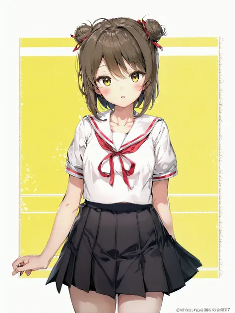 best_quality, masterpiece,
1girl, solo, brown_hair, skirt, school_uniform, brown_eyes, red_ribbon, sailor_collar, looking_at_viewer, ribbon, pleated_skirt, shirt, white_sailor_collar, white_shirt, twitter_username, serafuku, short_hair, short_sleeves, blush, hair_between_eyes, single_hair_bun, hair_bun, bangs, v, neck_ribbon, yellow_background, cowboy_shot, simple_background, black_skirt