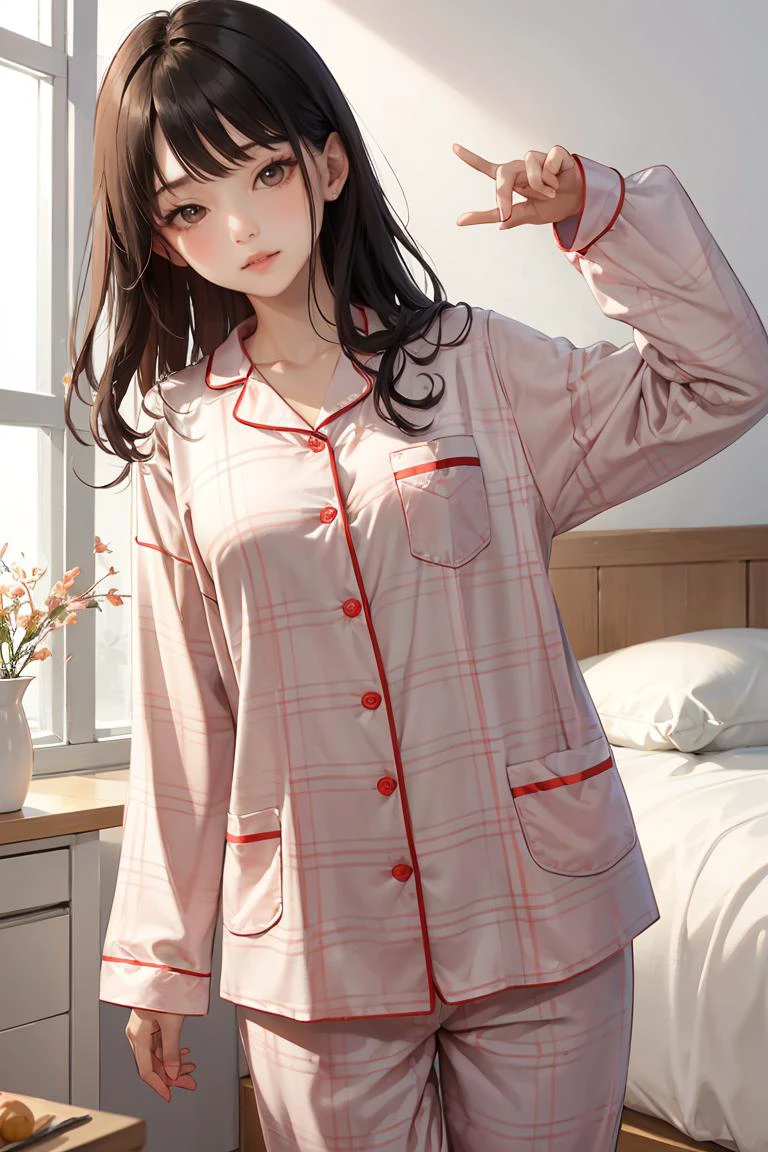 shuiyi,pajamas,1girl,plaid pajamas,solo,beige pajamas,<lora:shuiyiv3-lion:0.6>,<lora:GoodHands-vanilla:1>,