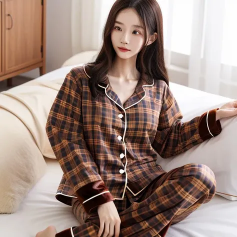 Sleeping girl, 22 years old, realistic, she is wearing short legging pants, she is wearing red pajama, brown hair.