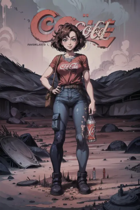 1girl in cargo pants, smile, holding coca-cola, best quality, masterpiece, 1980s \(style\), anime, retro artstyle, <lora:add_detail:0.8>, (wasteland), full body, <lora:Jon_Juarez_v1:1> , jojustl