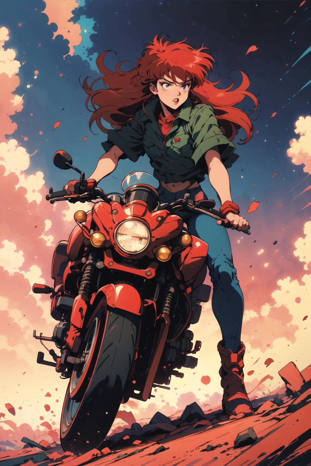 poster of souryuu asuka langley riding on motorcycle, red hair, concept art, <lora:Retro_Anime-000002:.7>, retro anime, dynamic pose, comic, <lora:80'sFusion:0.6>, fantasy,