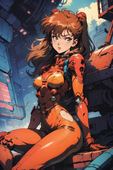 poster of souryuu asuka langley, in yellow dress, sitting in capsule, concept art, retrofuturism, <lora:Retro_Anime-000002:.7>, retro anime, dynamic pose, mecha, machinery, comic, <lora:80'sFusion:0.6>,