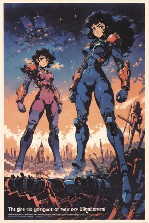 poster of girls in body suit, concept art, retrofuturism, <lora:Retro_Anime-000002:.7>, retro anime, dynamic pose, mecha, machinery,  <lora:RetroMoviePoster:0.8>