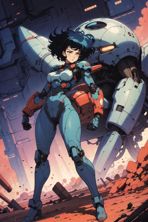 a woman in body suit, concept art, retrofuturism, <lora:Retro_Anime-000002:.7>, retro anime, dynamic pose, mecha, machinery,