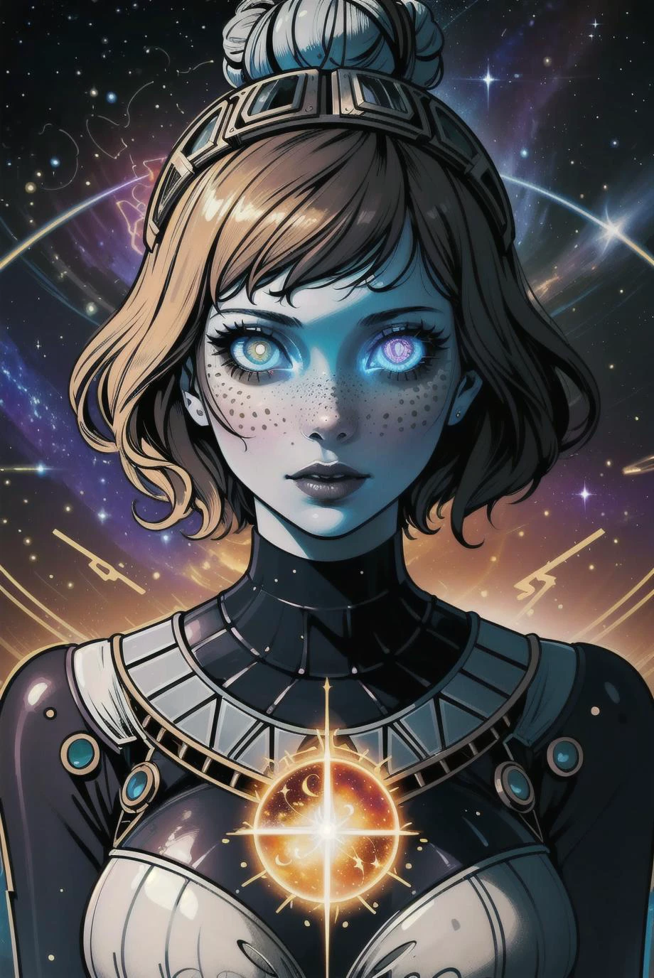 (best quality, masterpiece, highest detailed), comic cover art, poster art, <lora:Ink_poster-000004:0.3>,
1 girl, adult woman, freckles, grey eyes, chestnut bun hair, ombre,
<lora:GoodHands-beta2:0.8>,
Style-GravityMagic, portrait, solo, half shot, looking away, detailed background, detailed face, (<lora:BioShockPunk:0.4>, BioShockPunk theme:1.1) (glowing eyes:1.05), living star constellation, zodiac, occult, gemini, esoteric patterns, interstellar energy, cosmic light, shine, metaphysics, reincarnation, cosmic dust, cosmic space background, surreal ethereal atmosphere,
