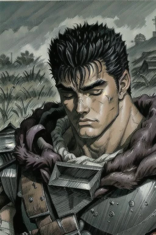 guts \(berserk\), tree, open field, symbolism, one eye closed, male focus, manly, scar, bandages, retro anime, textured