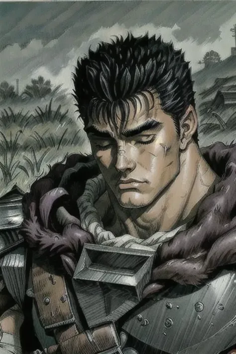 guts \(berserk\), tree, open field, symbolism, one eye closed, male focus, manly, scar, bandages, retro anime, textured