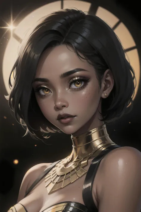 an eye contact of a Ugandan woman, (black skin:1.3), yellow spotlight, dark theme, lonely, Lavish, Matte black eyeshadow with a cut crease, metallic lipstick, golden ratio, Almond-shaped eyes, Freckles, indietronica, soft lighting, bokeh