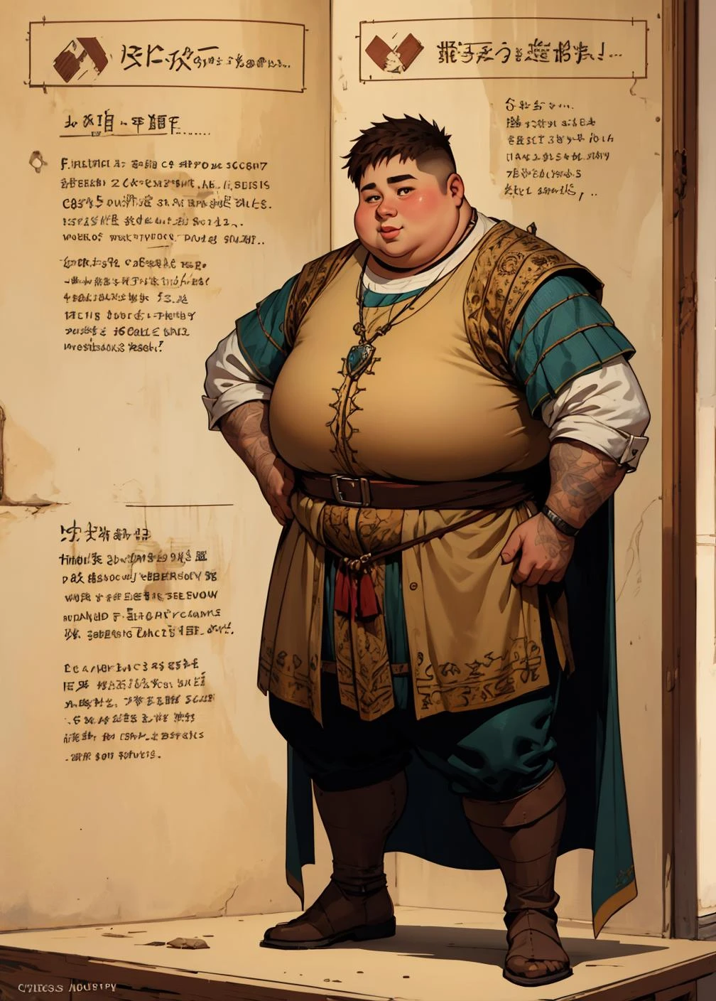 a male ager with medieval clothing (fat:1.1), obese,
brown eyes, brown hair, short hair, dnd a character profile,
<lora:derpd - DerpdeedooStyle:0.4> derpd