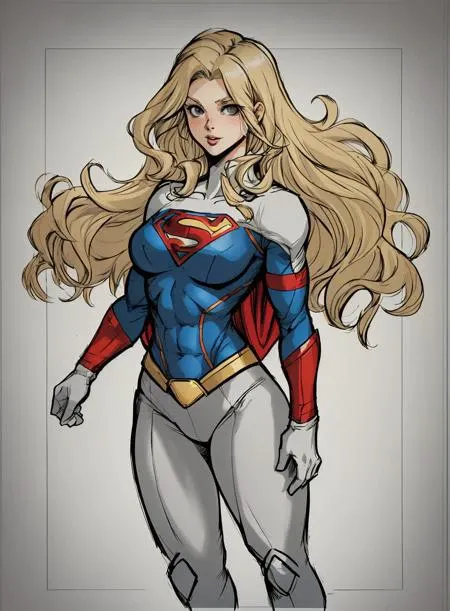 draw of a supergirl, pillarboxed, grey border,
blonde hair, cute superhero suit, large breasts, long hair, solo,
<lora:HQ_Style-000003:.7> ,