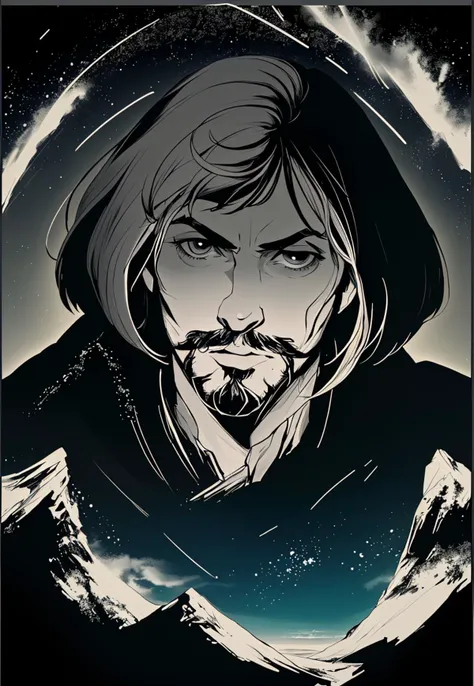 mountain, starry sky, pillarboxed, facial hair, close-up, grey border, bob cut, ocean, hair strand, <lora:HQ_Style-000002:.7>