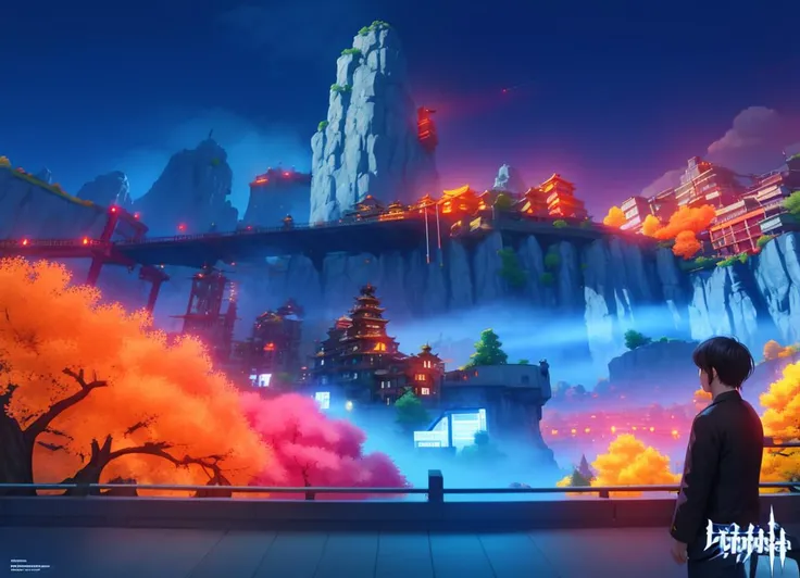 realistic,photoshop \(medium\),masterpiece, best quality,,liyue-kozue,mountain,tree, scenery, star, Cyber, Cyberpunk city, neon lights, billboards, haze, electric wires and so on
