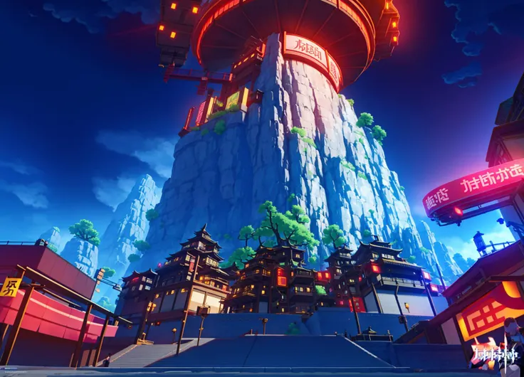 realistic,photoshop \(medium\),masterpiece, best quality,,liyue-kozue,mountain,tree, scenery, star, Cyber, Cyberpunk city, neon lights, billboards, haze, electric wires and so on