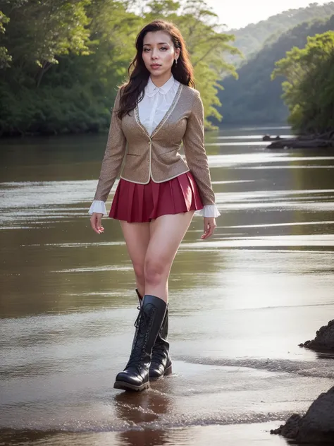 RAW photography, analog style, highly detailed woman jpkennedy, high ponytail, wavy hair, hyper realistic human skin, hourglass body, eyeliner, gloss red lips, full lips, (smiling:0.7), (faded freckles:0.7), (blush:0.5), thick thighs, intricately detailed jewerly, high-waist skirt and loose blouse, Mountain boots, outdoors, sunny day, standing on the shore of a winding amazon river, dramatic lighting, volumetric sunbeam, incredibly absurdres, 16K, UHD, HDR, hires, wide shot, <lora:epiNoiseoffset_v2:1>