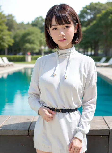 best quality, photorealistic, 8k, high res, 1girl, woman, (skindentation), (portrait:0.6), ((poolsidebackground:1.2)), ((highneck sweater:1.4)), straight-looking at viewer:1.6, (1girl eyes looking at viewer, short-length hair,  blackhair, bangs:1.25), photorealistic, (bokeh), ((closed mouth)), gorgeous,  pureerosface_v1, <lora:AVID-miura:0.55>