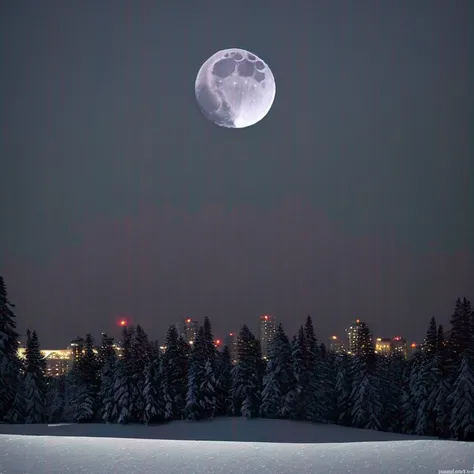 winter skyline silhouetted against a full moon as background,((powder skiing)),polar vortex,sunless,sleet,mist
