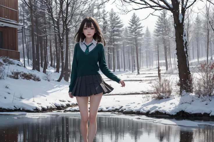 ((masterpiece)), (best quality), official art, extremely detailed CG, unity 8k wallpaper, ultra detailed, highly detailed, photorealistic, realistic photo, 1girl, rin shibuya, black hair, (green eyes:1.5), long hair,school uniform, white shirt, collared shirt, long sleeves, green necktie, striped necktie, miniskirt, black skirt, pleated skirt, barefoot,
<lora:rinshibuyatest:1>, (snowing:1.2), (wind:1.2),
Reflections of trees in a frozen lake as background, ,