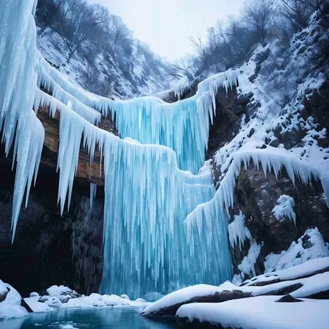 Frozen waterfall cascading down a cliff as background,((have a winter treasure hunt)),numbing,freezing rain