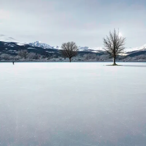 A snow-covered meadow with a lone tree in the distance as background,((go ice skating)),shifting,melting,glacial,windy