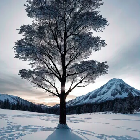A wintertime silhouette of trees against a snow-covered mountain as background,((resolute)),black ice,sunless,bare branches,wintertime,white