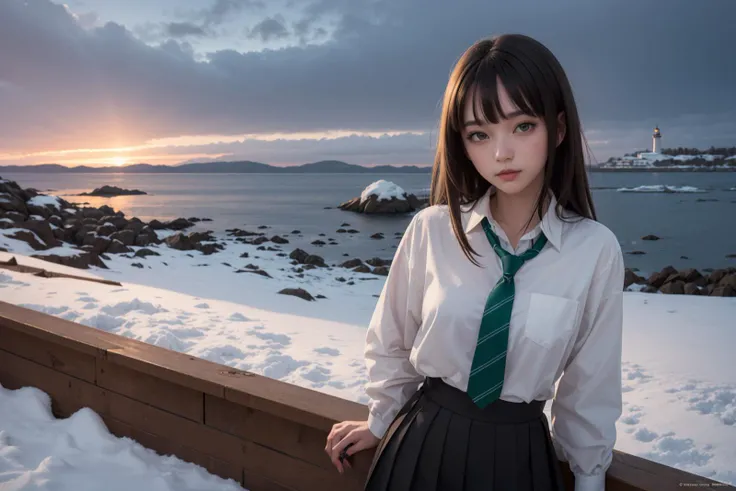((masterpiece)), (best quality), official art, extremely detailed CG, unity 8k wallpaper, ultra detailed, highly detailed, photorealistic, realistic photo, 1girl, rin shibuya, black hair, (green eyes:1.5), long hair,school uniform, white shirt, collared shirt, long sleeves, green necktie, striped necktie, miniskirt, black skirt, pleated skirt, barefoot, 
<lora:rinshibuyatest:1>, (snowing:1.2), (wind:1.2), 
An icy cove at dusk with a distant lighthouse as background, ,