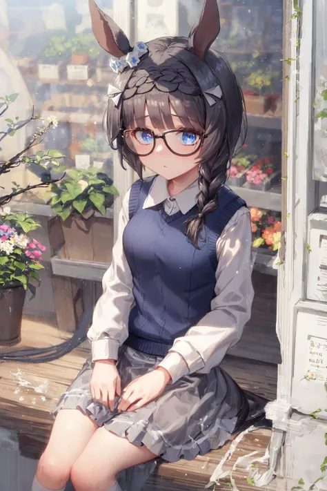 masterpiece, best quality,
zenno rob roy \(umamusume\),
outdoors, wide shot, sitting on chair, a flower shop, building,
casual, ear ornament, hairclip, glasses, black-framed eyewear, collared shirt, white shirt, sweater vest, blue sweater, long sleeves, grey skirt, blue socks, brown footwear
<lora:zenno_rob_roy_loha:0.7>