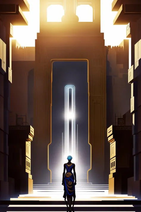 cyber_africa, photo of a temple with a large doorway and a large doorway behind her, Clint Cearley, rossdraws global illumination, african cyber temple, afrofuturism, cyberpunk, futurist, neon lights, high tech