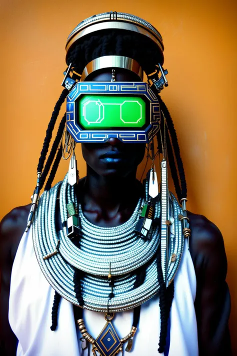 photo portrait of a cyber shaman ancient africa   afrofuturism, cyberpunk, futurist, photo of cyber_africa, , high tech