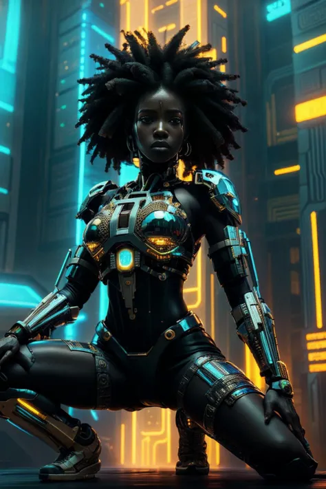 masterpiece, dynamic pose, a gorgeous (dark skin) girl over a future cityscape, depth of field, oversized shirt, off one shoulder, (shiny skin:1.4), cold lighting, detailed face, clear eyes, depth of field, messy hair, (intricate), machines, navel piercing, shy, mechanical parts, mechanical legs, glowing eyes, detailed eyes, detailed background, neon trim, neon lights