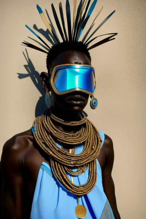 cyber_africa, a cyber-shaman with a blue head dress and a necklace on his neck and hands on his chest and a blue ring around his neck, Chafik Charobim, award-winning photograph, cyberpunk art, afrofuturism