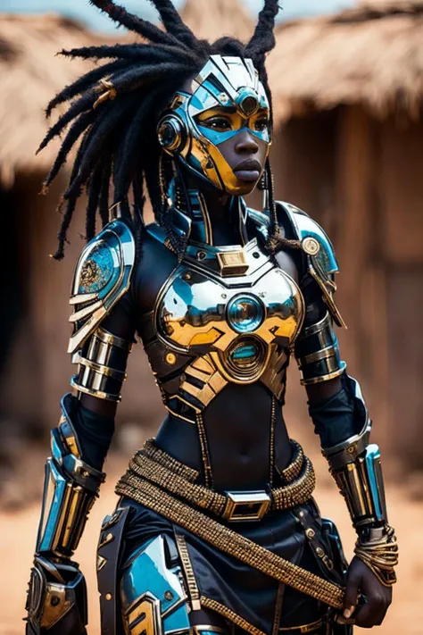 cyber_africa, photo of a warrior, weapons, armor, 1girl, solo, retrofuturistic, realistic, (masterpiece:1.3), (best quality:1.3), beautiful, (intricate details), unity 8k wallpaper, ultra detailed, beautiful, aesthetic, perfect lighting, <lora:TEST:0.25>, <lora:cyber_africa:0.8>