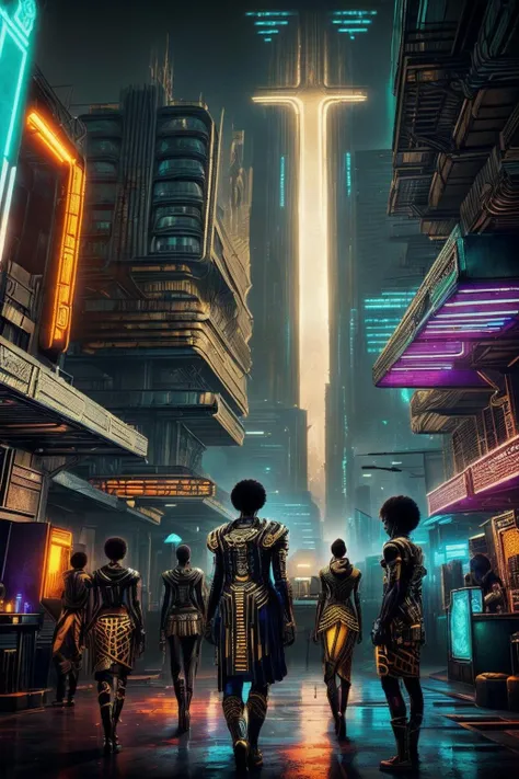 cyber_africa, cyberpunk, afrofuturism, retrofuturistic, realistic, (masterpiece:1.3), (best quality:1.3), beautiful, (intricate details), unity 8k wallpaper, ultra detailed, beautiful, aesthetic, perfect lighting, <lora:TEST:0.25>, <lora:cyber_africa:0.8>